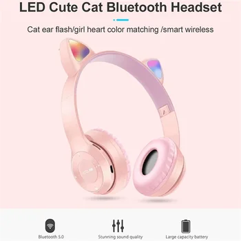 Милые наушники с кошачьими ушками, беспроводные наушники Bluetooth с микрофоном, шумоподавляющий шлем, телефон со стереозвуком Hi-Fi, игровые наушники-вкладыши