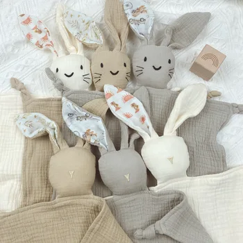 Милый Кролик-погремушка, Муслиновое полотенце, Новорожденные Мягкие Хлопчатобумажные куклы для сна, Успокаивающее Отрыжку Тканевое одеяло, Обучающий Плюшевый кролик