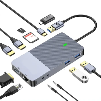 Многопортовый USB-концентратор Type C 11 in1 с двумя HDMI-совместимыми VGA Rj45 USB3.0 Док-станцией Type C SD Tf для жесткого диска 11 в 1 N2UB