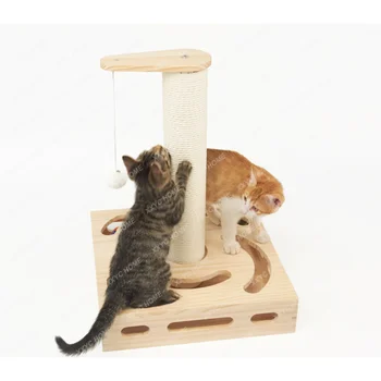 Многофункциональная игрушка для кошек из массива дерева, Когтеточка для кошек, тянущая музыкальный мяч, Забавный кот, избавляющий от духоты, артефакт