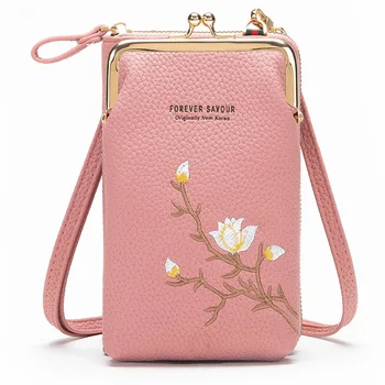 Модная женская сумочка с вышивкой, мини-многофункциональная сумка для мобильного телефона, кошелек из искусственной кожи, портмоне, сумка для женщин