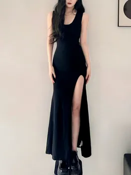 Модное Новое Летнее элегантное черное платье Миди, женский сексуальный винтажный сарафан для пляжного отдыха, женская шикарная однотонная одежда для вечеринок