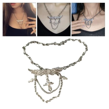 Модное ожерелье с хрустальным крылом и сердцем, панк-эстетическое ожерелье с подвеской, ювелирные изделия для вечеринок Egirl, цепочка для ключиц, ожерелье T8DE