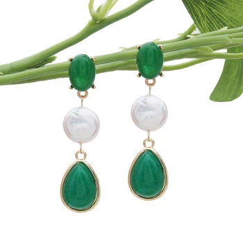 Модные женские серьги с пресноводным жемчугом, зеленые висячие серьги, шарм для ушей из натурального камня, Рождественский подарок Brinco Oorbellen