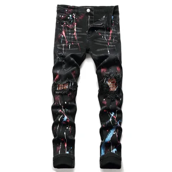 Мужские джинсы в стиле хип-хоп с заклепками, рваные джинсовые брюки, уличная одежда с принтом 
