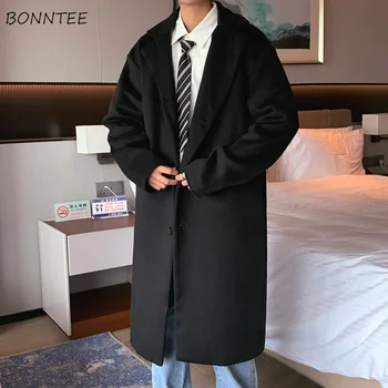 Мужские длинные смеси, Красивые Свободные однобортные шерстяные пальто Осень-зима, Уютная ветровка Harajuku hombre, утепленная верхняя одежда