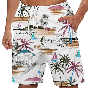 Мужские плавательные шорты, пляжные шорты, Эластичный пояс, шнурок, Сетчатая подкладка, Кокосовая пальма, графический принт, быстросохнущие шорты