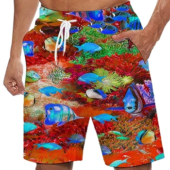 Мужские пляжные шорты, шорты для плавания, сетчатая подкладка на шнурке, Эластичный пояс, быстросохнущие шорты с графическим принтом Рыбы, повседневные повседневные шорты