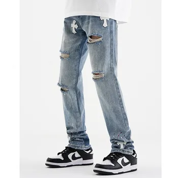 Мужские рваные джинсы с аппликацией, хип-хоп Мужские Свободные джинсовые брюки, Прямая уличная одежда, мужские высокие уличные брюки, Низ