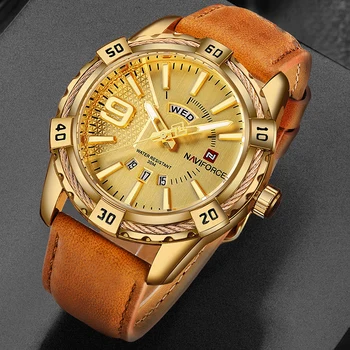 Мужские часы NAVIFORCE, золотые Роскошные спортивные Водонепроницаемые военные наручные часы, деловые Повседневные мужские часы с кожаным ремешком 9117
