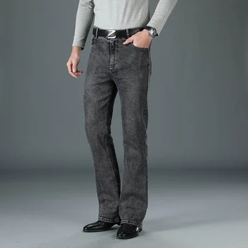 Мужские эластичные свободные расклешенные джинсовые брюки со средней талией Мужские расклешенные брюки большого размера Серые джинсы