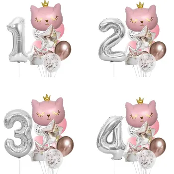 Мультяшная Розово-черная корона с кошачьей головой, украшение для вечеринки по случаю дня рождения Hheme, Латексный алюминиевый цифровой набор воздушных шаров, детский подарок для душа