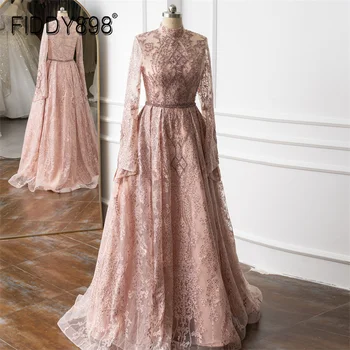 Мусульманское розовое вечернее платье, Элегантное Вечернее платье с длинным рукавом, расшитое бисером и бриллиантами, вечернее платье для женщин, vestidos de novia