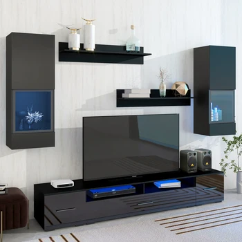 Набор из 7 предметов, плавающая подставка для телевизора, настенный развлекательный центр с 16-цветными светодиодными полосками для телевизора с диагональю 90+ дюймов, черный