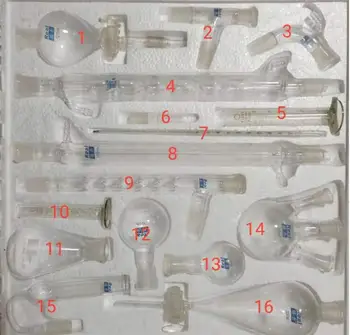 Набор инструментов для приготовления органических химикатов типа J-16, упаковка из пенопласта, стеклянная воронка, конденсатор, колба, градуированный цилиндр