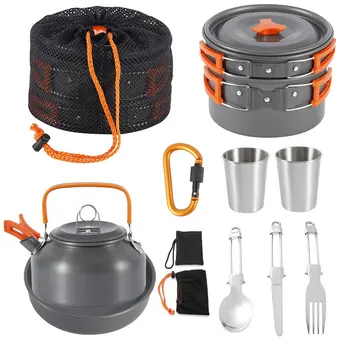 Набор посуды для кемпинга, Алюминиевый набор для приготовления пищи на открытом воздухе, от 2 до 3 человек, Антипригарные Складные походные сковородки и кастрюли, походные хики