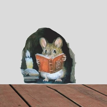 Наклейка на стену с изображением мультяшной мыши для чтения, Настенная роспись для детской комнаты, Настенная роспись для гостиной, Обои для спальни, Съемные наклейки с забавными крысами
