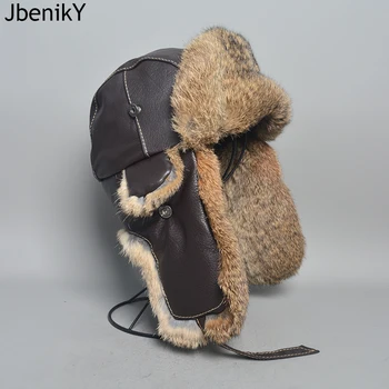 Новая зимняя мужская шапка-бомбер из 100% натурального кроличьего меха, кепка из натуральной овчины, мужские уличные Ветрозащитные Супер Теплые шапки из кроличьего меха