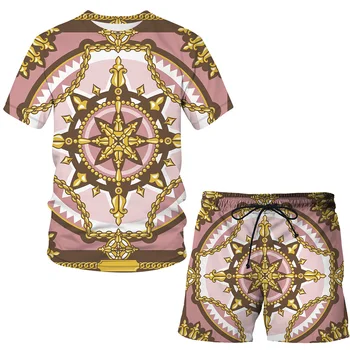 Новая летняя брендовая одежда из 2 предметов, мужская повседневная футболка оверсайз + брюки с 3D принтом золотой цепочки, мужские комплекты мужской одежды, брючный костюм