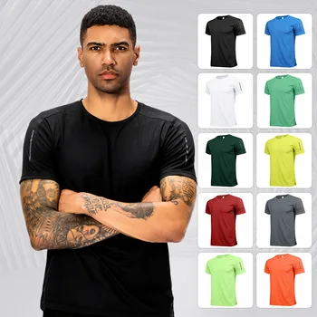 Новая однотонная спортивная футболка, мужской топ, спортивная футболка для бега с коротким рукавом, быстросохнущая одежда