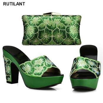 Новейший комплект обуви и сумки зеленого цвета на каблуках, итальянские женские туфли и сумка, украшенные стразами, Нигерийские туфли