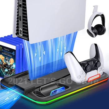 Новейший охлаждающий вентилятор для PS5 с подставкой RGB Light, 2 зарядных устройства для контроллера, 6 игровых слотов, держатель гарнитуры для аксессуаров Playstation 5.