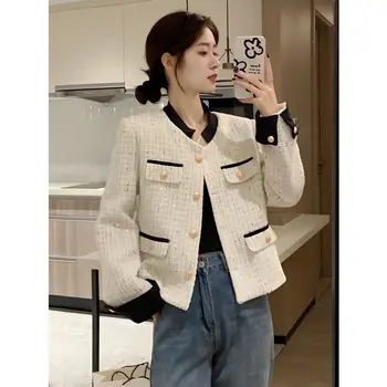 Новинка весны, женское однобортное пальто в мелкую полоску в корейском стиле, высококачественная твидовая куртка с карманом, верхняя одежда A282