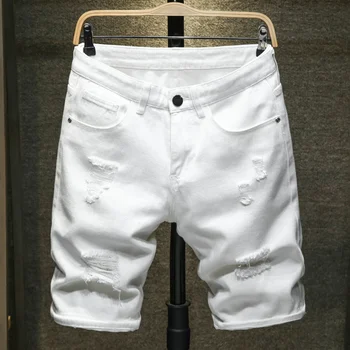 новые белые джинсовые шорты мужские с рваными дырками, потертые, длиной до колена, классические простые модные повседневные тонкие джинсовые шорты Мужские высокого качества