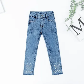 Новые весенне-осенние джинсы для девочек, детские повседневные джинсовые брюки-стрейч с бабочками и стразами, Детские Прямые брюки полной длины