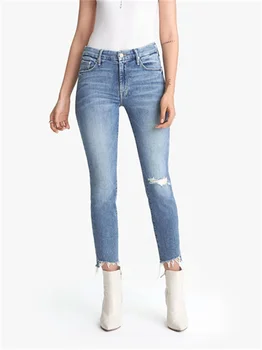 Новые женские брюки-карандаш с вышивкой и задними карманами, женские универсальные джинсы с высокой талией и отверстиями на щиколотках, 2023, весна-лето