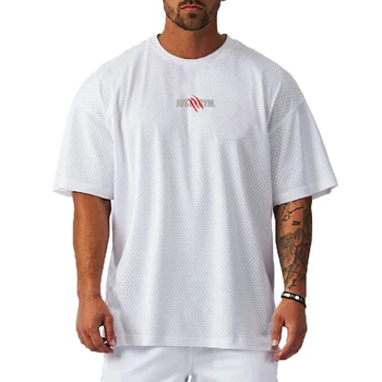 Новые стильные мужские простые дышащие летние футболки для занятий фитнесом и спортом с коротким рукавом, впитывающие пот, из полиэстеровой сетки