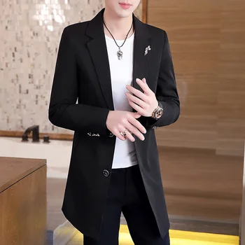 Новый мужской деловой повседневный модный Городской Корейский тренд, Тонкий однотонный маленький пиджак, весенние блейзеры, длинное платье, пальто