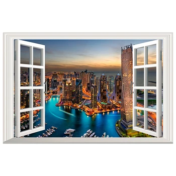 Ночной вид на Пустынный город Дубай, Поддельное 3D-окно, Виниловые настенные наклейки, Украшение дома, Пейзаж, Плакат, обои 60 * 40 см