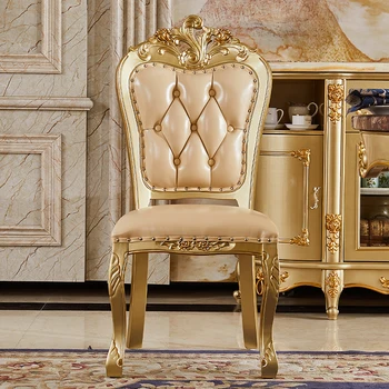 Обеденный стул в европейском стиле цвета шампанского с золотой отделкой, современный стул с простой спинкой, кресло для переговоров с кожаной обивкой