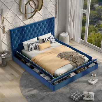 Обивка размера Queen Size, Низкопрофильная кровать на платформе для хранения с местами для хранения с обеих сторон и подножки\ Синий Синий