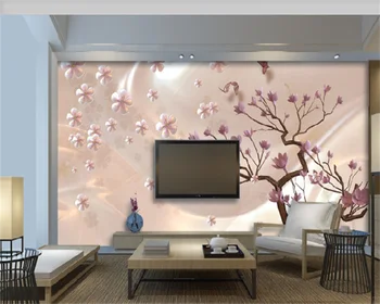 Обои на заказ свежее искусство розовый цветок орхидея дерево резьба по нефриту 3D роскошная гостиная диван ТВ фон настенная роспись дома behang