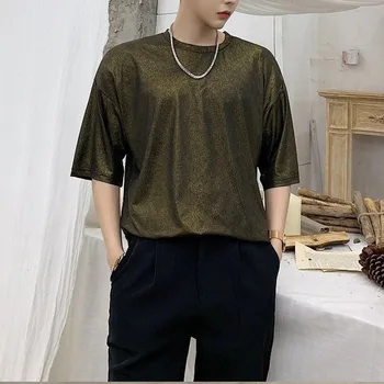 Одежда с круглым вырезом в японском стиле, летняя мода 2023, свободные яркие шелковые топы, мужская однотонная универсальная футболка