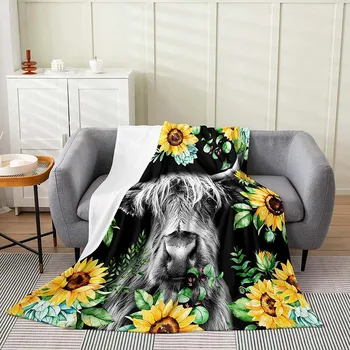 Одеяло Highland Cow Sunflower, изготовленное на заказ, Фланелевое Легкое одеяло, Уютный мягкий диван, кресло для спальни, гостиной, плед для губ