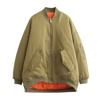 Оливково-зеленая куртка Оверсайз для женщин, шикарная женская куртка-бомбер с высокой улицей, пальто с оранжевой подкладкой, топ для женщин, НОВИНКА 2023 года