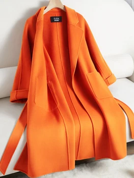 Оранжевое двустороннее кашемировое пальто Женское длинное 2022 новое высококачественное повседневное шерстяное пальто