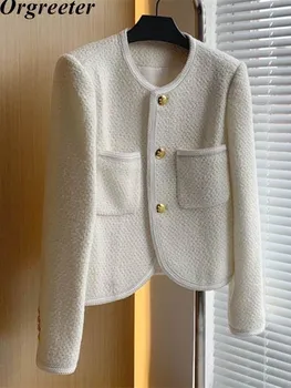 Осенние короткие женские куртки из твида с небольшим ароматом, французское винтажное элегантное тонкое укороченное шерстяное пальто, элегантная женская одежда