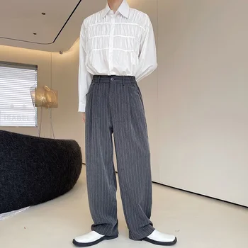 Осенние мужские брюки в серую полоску в корейском стиле, персонализированные, 2021, повседневные, свободные, дикие, широкие брюки для мужчин, размер M-XL