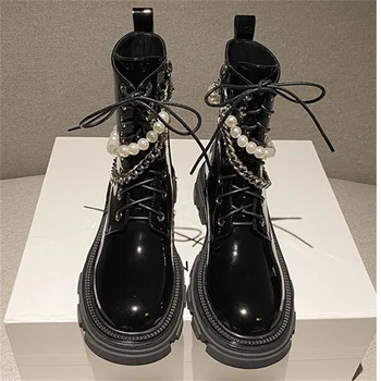Осенние новые ботинки с жемчужной цепочкой, круглый носок, платформа, перекрестная шнуровка, массивный каблук, Черные женские ботинки для верховой езды, пикантная женская обувь