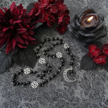 Персонализированные черные четки с пентаграммой и подвеской в виде луны, викканские, языческие, черный браслет из бисера, готическое ожерелье