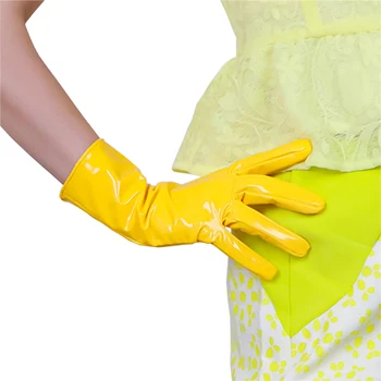 Перчатки из лакированной кожи Женские 28 см, искусственная кожа, имитация овчины, женские перчатки из искусственной кожи, ярко-бананово-желтый Косплей HPU49