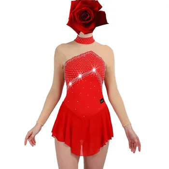 Платье для фигурного катания Для женщин и девочек, платье для катания на коньках, темно-синий гимнастический костюм, изготовленный на заказ, красный горный хрусталь B104