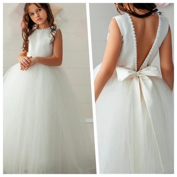 Платье с жемчугом и бантом для девочки-цветочницы, пышные свадебные платья для девочек, платья для первого причастия, платье для девочки для Евхаристии