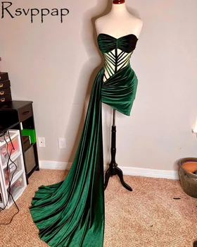 Платья для выпускного вечера 2021 года с прозрачным плиссированным зеленым бархатным вечерним коктейльным платьем для выпускного вечера с длинным шлейфом