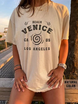 Пляжная Венеция, Лос-Анджелес, хлопковая футболка с принтом, мягкая футболка в стиле харадзюку, креативные футболки оверсайз, винтажная футболка с коротким рукавом