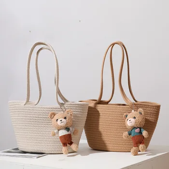Повседневная сумка через плечо с милым мишкой, тканая пляжная сумочка для отдыха на море, женские соломенные сумки-тоут pañaleras para mochila